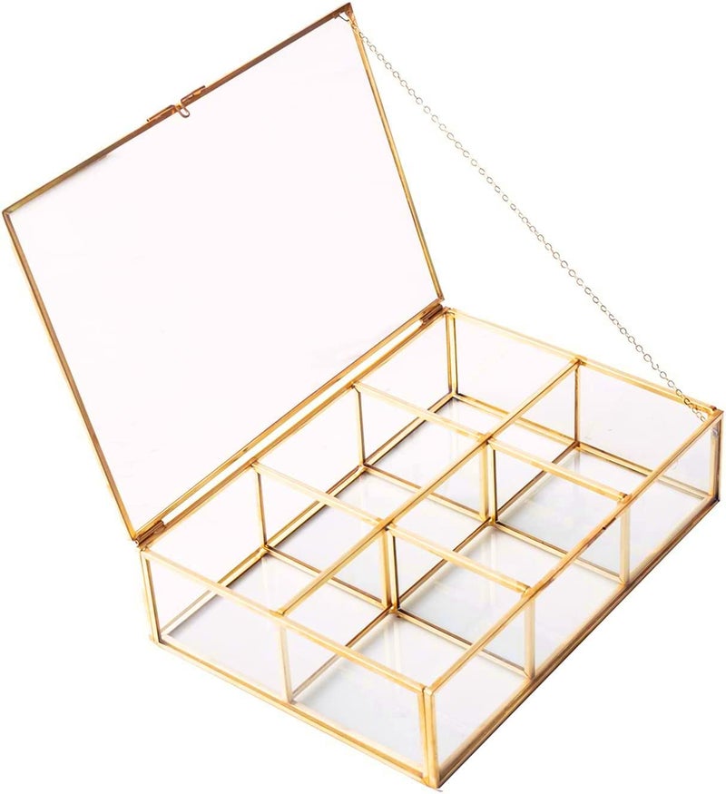 Levilan Golden Vintage Glass Box Clear Glass & Brass Metal Storage Jewelry and Cosmetic Makeup Lipstick Holder Organizer Beauty Display, 6 Compartment - Image 1
